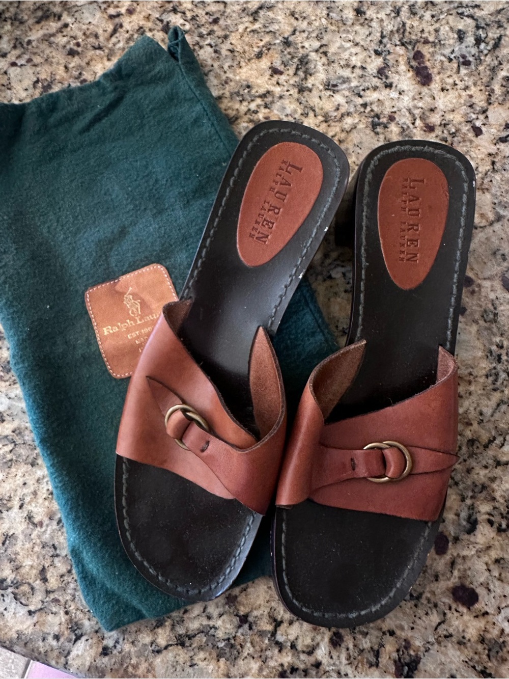 Ralph Lauren Brown Leather Slide Sandals with Brass Buckle